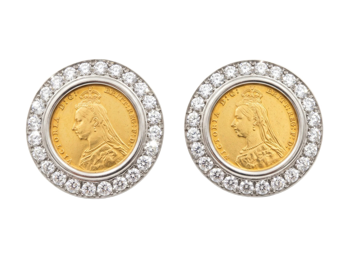 Sovereign Gold Coin Diamond Large Monete Earrings
