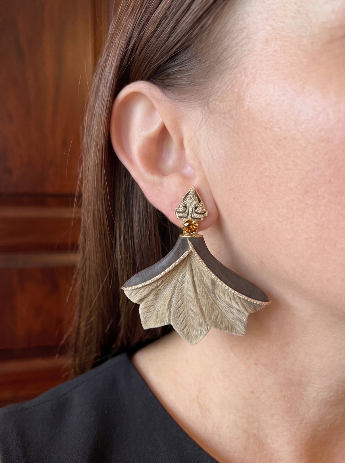 18k Gold Carved Wood Diamond Fanned Leaf Drop Earrings