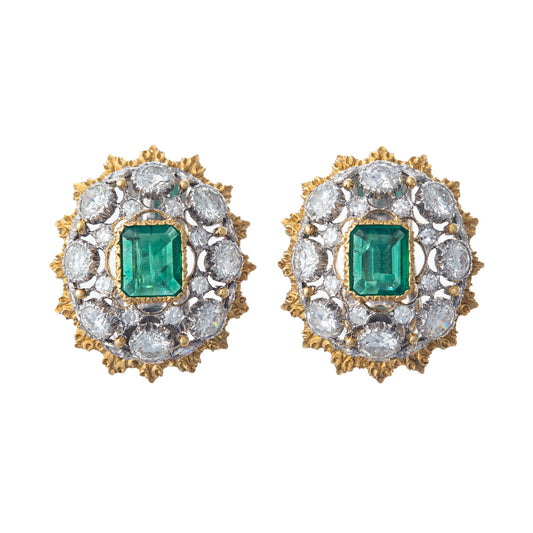 Estate Buccellati 18k Gold Emerald Diamond Domed Clip Earrings