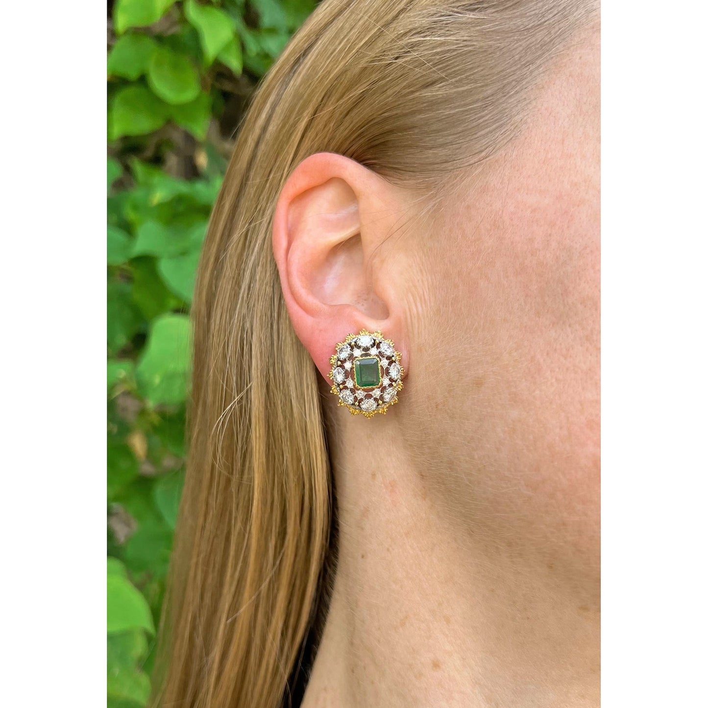 Buccellati - 18k Gold Emerald Diamond Domed Clip Earrings
