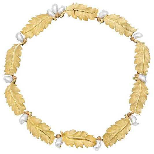 Buccellati - Estate 18k Yellow Gold Baroque Pearl Leaf Necklace