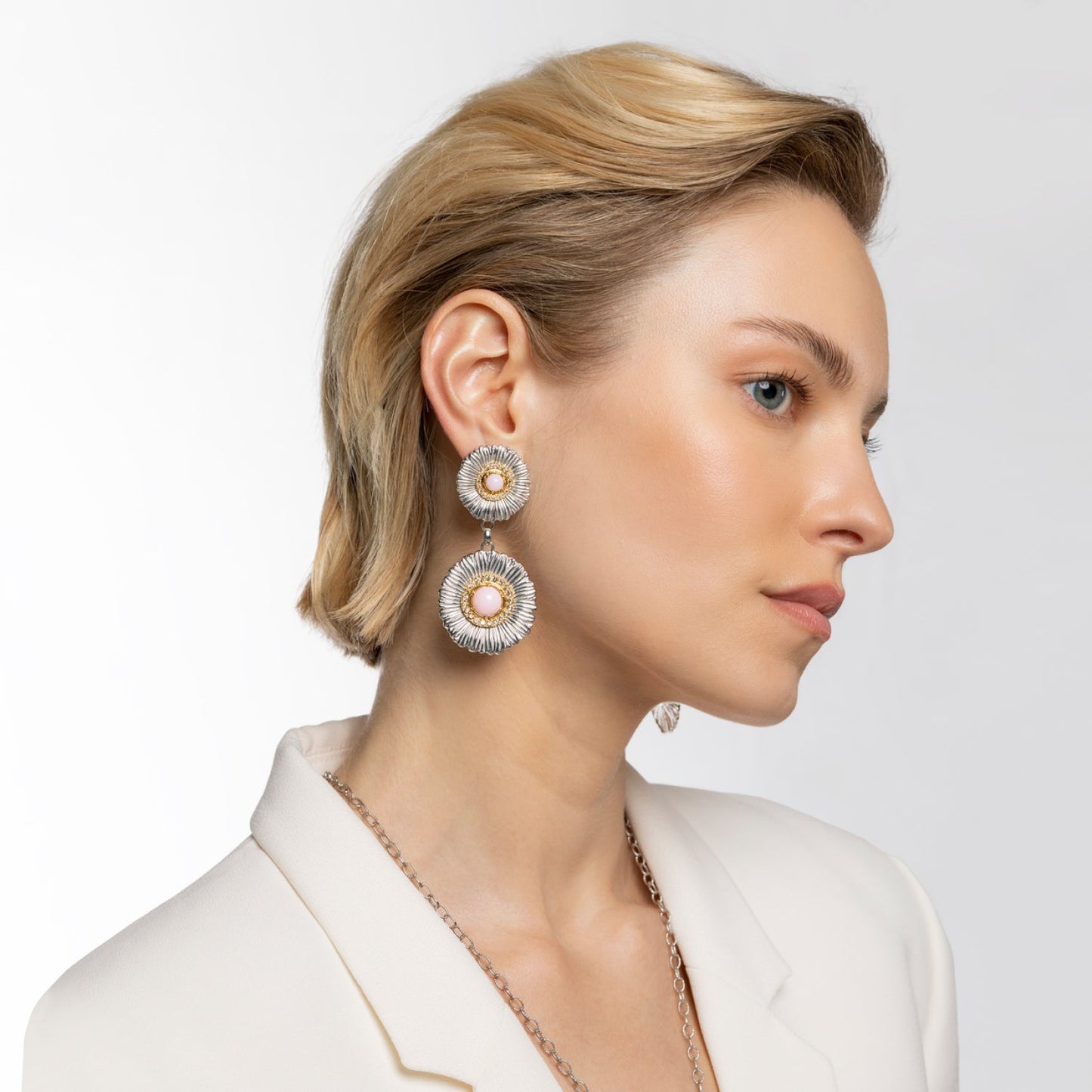 Buccellati - Silver Pink Opal Diamond Large Daisy Drop Earrings