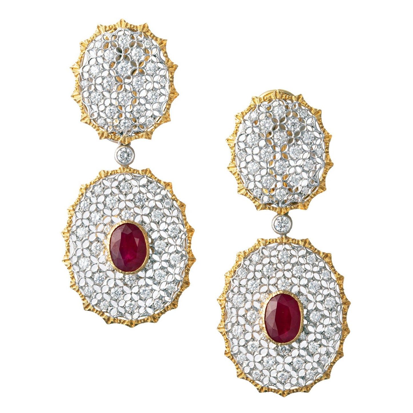Buccellati - Vintage 18k Gold Ruby Diamond Pendant Earrings