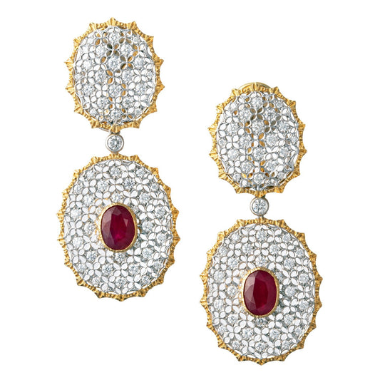 Buccellati - Vintage 18k Gold Ruby Diamond Pendant Earrings