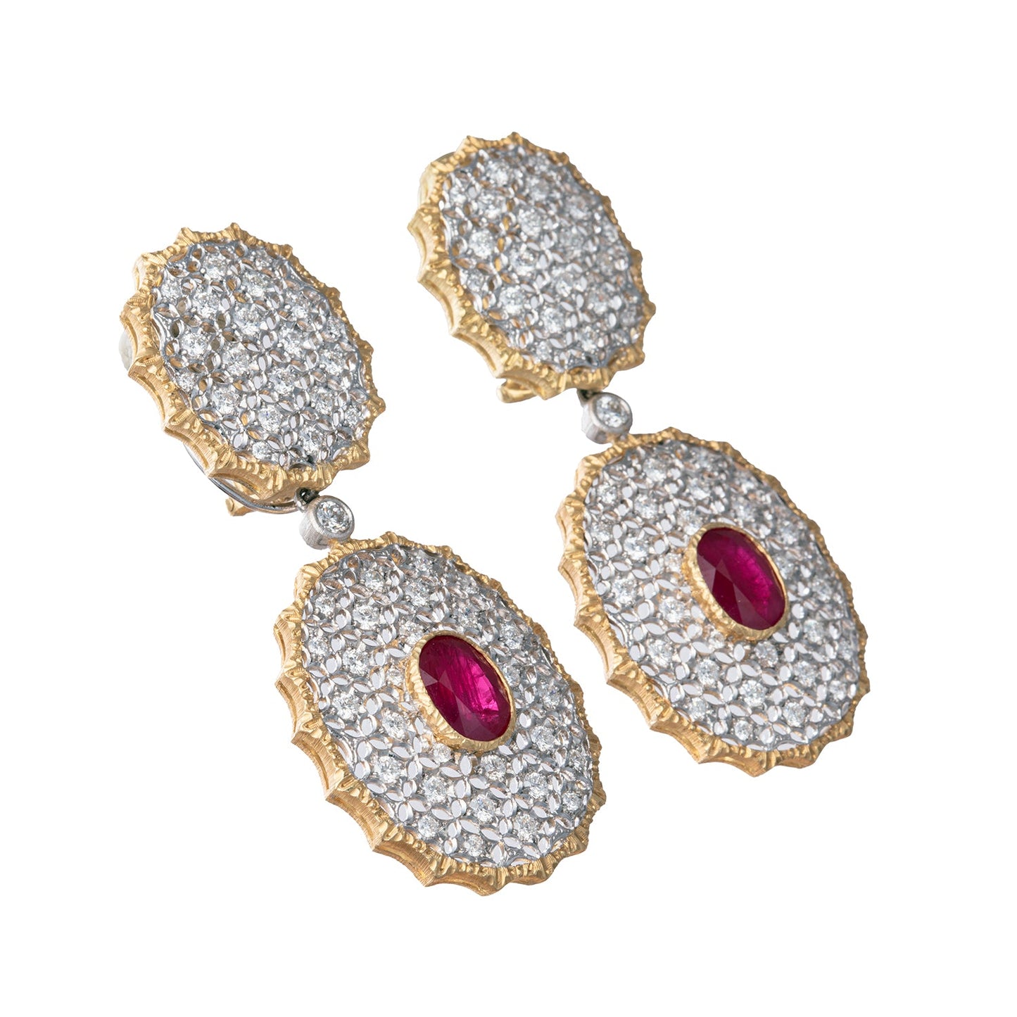 Buccellati - Vintage 18k Gold Ruby Diamond Pendant Earrings