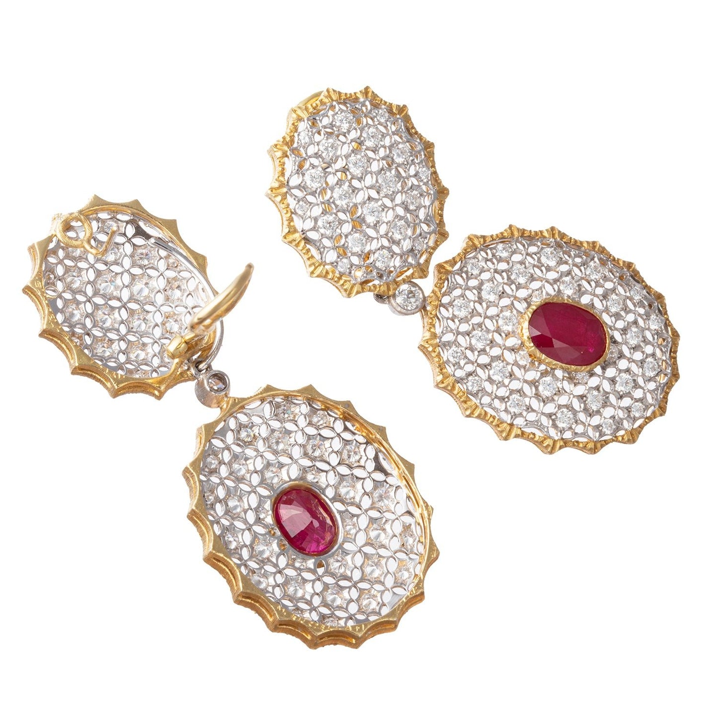 Buccellati - Vintage 18k Gold Ruby Diamond Pendant Earrings