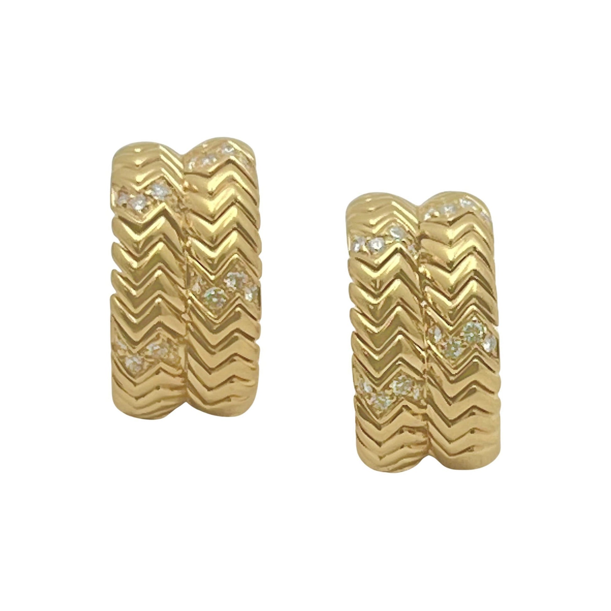Bvlgari - 18k Yellow Gold Diamond Spiga Hoop Earrings