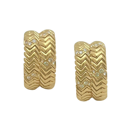 Bvlgari - 18k Yellow Gold Diamond Spiga Hoop Earrings