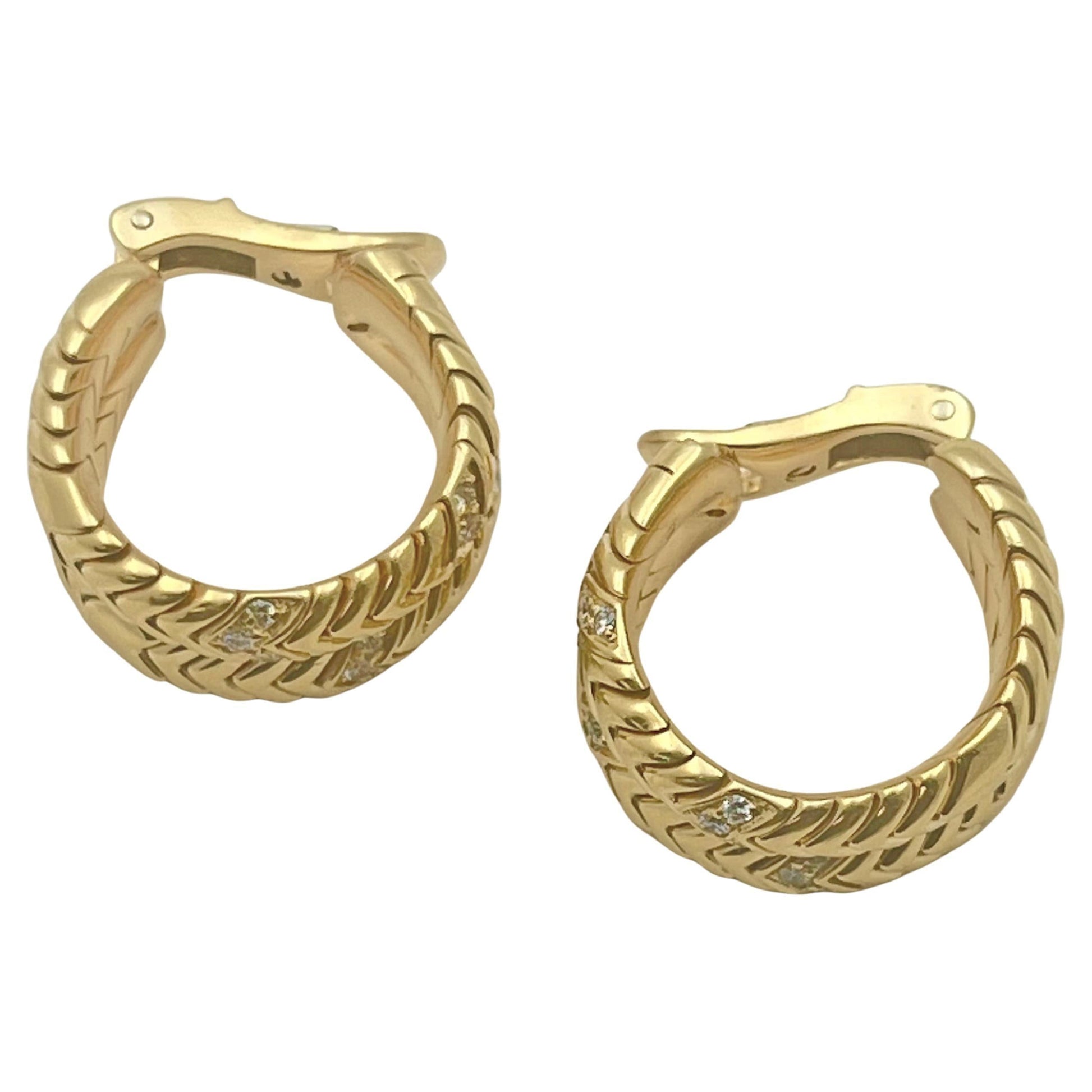 Bvlgari - 18k Yellow Gold Diamond Spiga Hoop Earrings