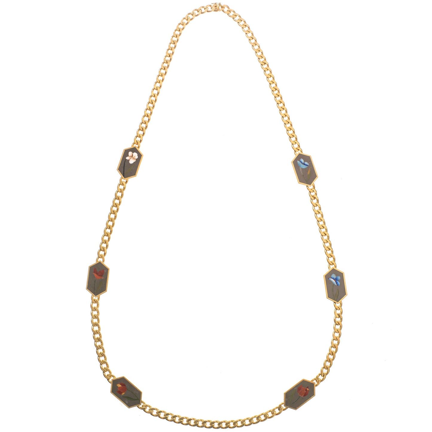 Bvlgari - 1980s 18k Yellow Gold Hardstone Flower Long Necklace