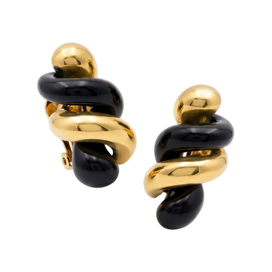 Carvin French - 18k Yellow Gold Black Jade Spiral Twist Earrings