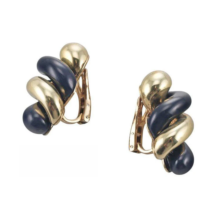 18k Yellow Gold Black Jade Spiral Twist Earrings