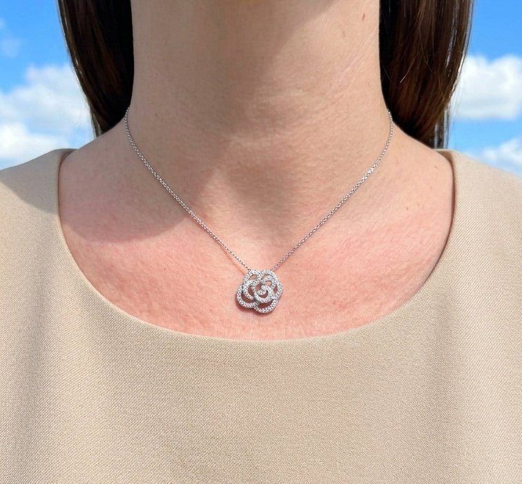 Chanel - 18k White Gold Diamond Fil de Camélia Pendant Necklace