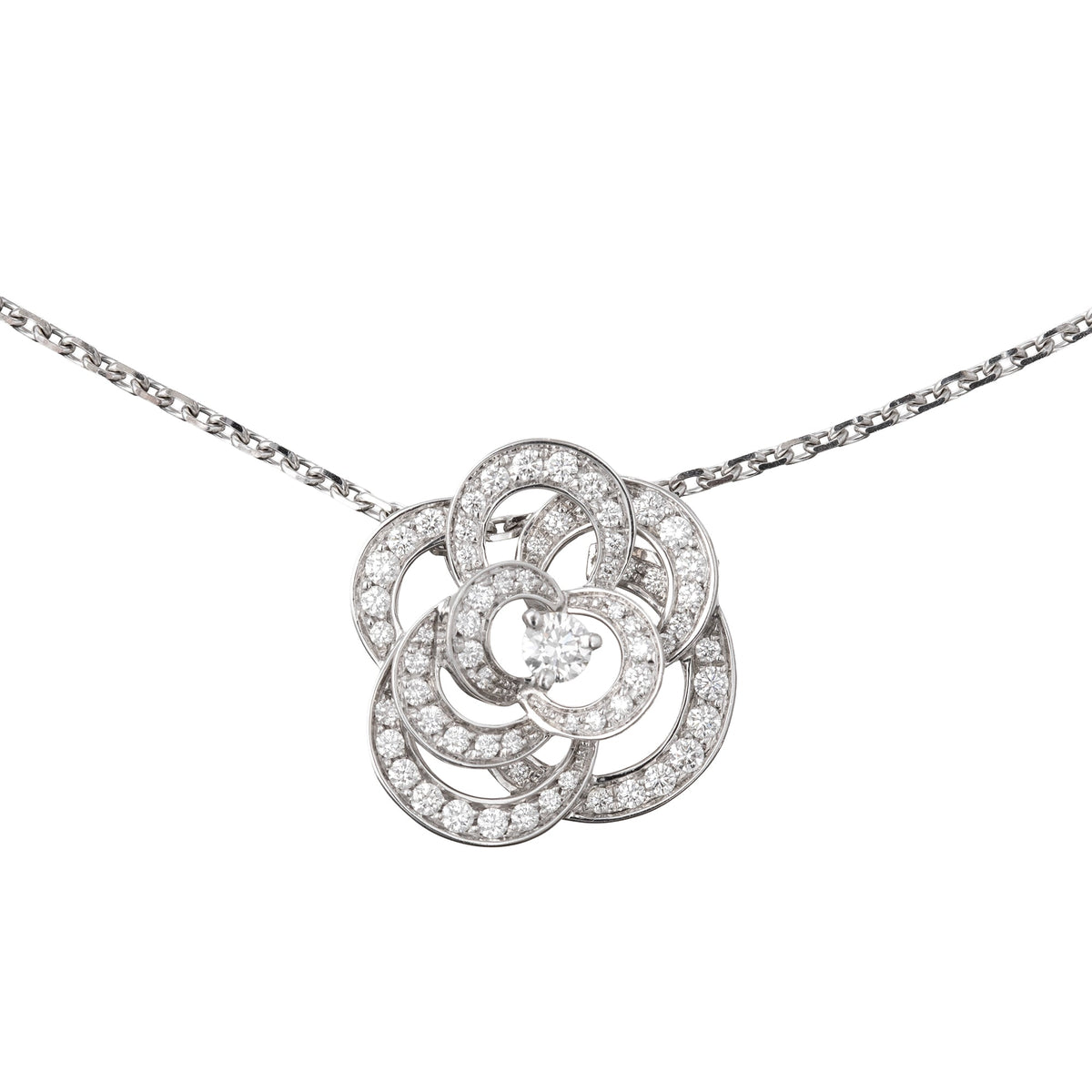 Chanel - 18k White Gold Diamond Fil de Camélia Pendant Necklace