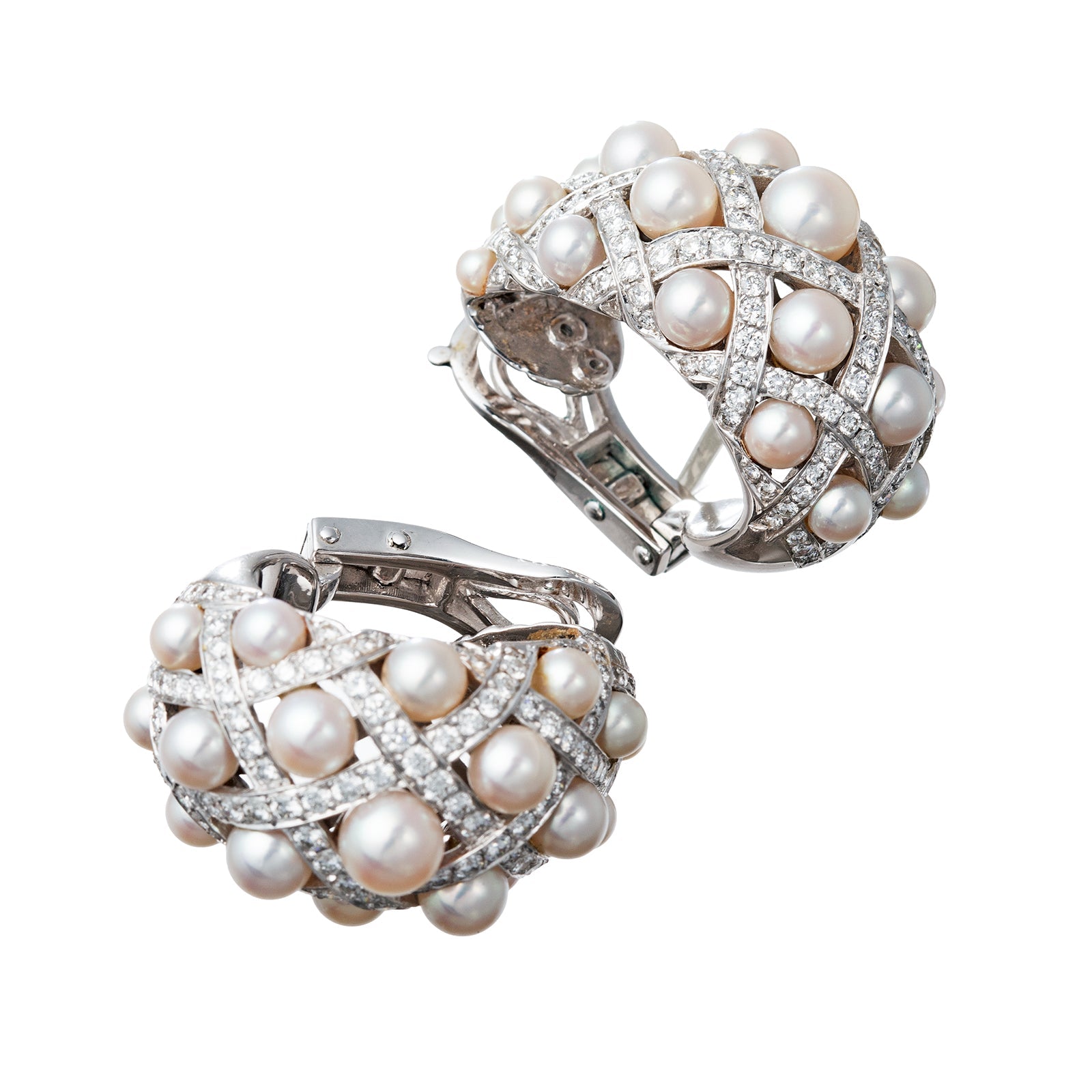 Chanel - 18k White Gold Pearl Diamond Matelassé Earrings