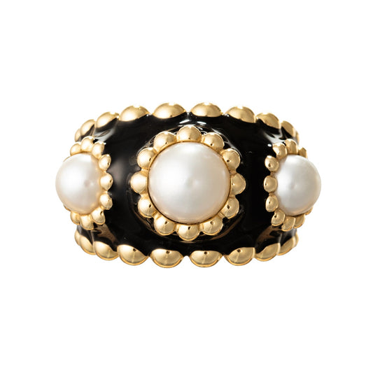 Chanel - 18k Yellow Gold Black Enamel Three Pearl Ring