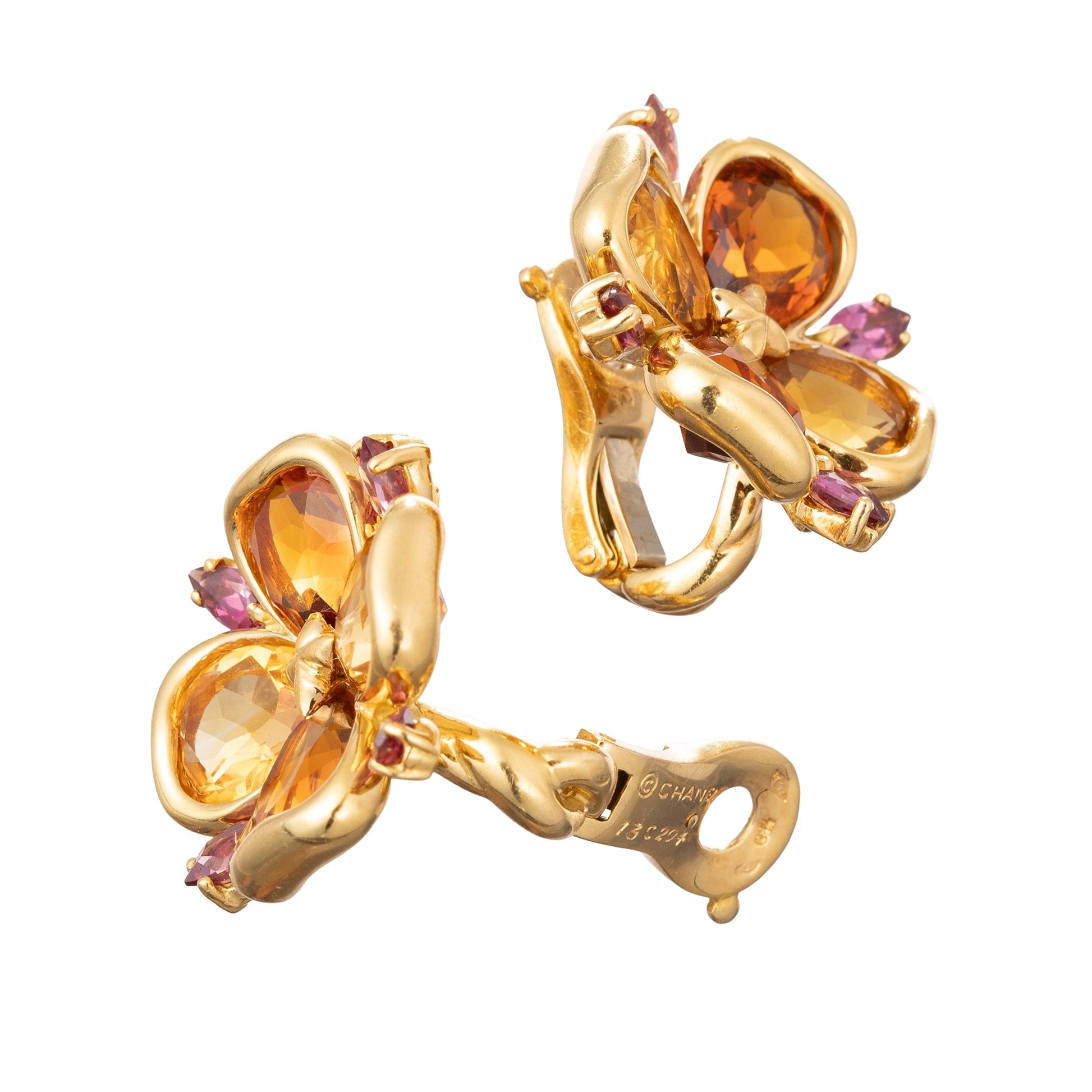 Chanel - 18k Yellow Gold Citrine & Amethyst Clover Earrings
