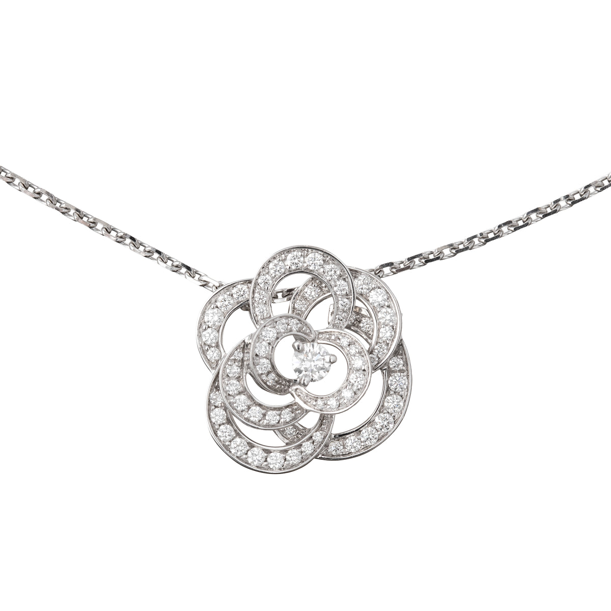 18k White Gold Diamond Fil de Camélia Pendant Necklace