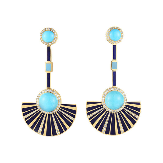 Cicada - 18k Gold Turquoise Diamond Enamel Fan Drop Earrings