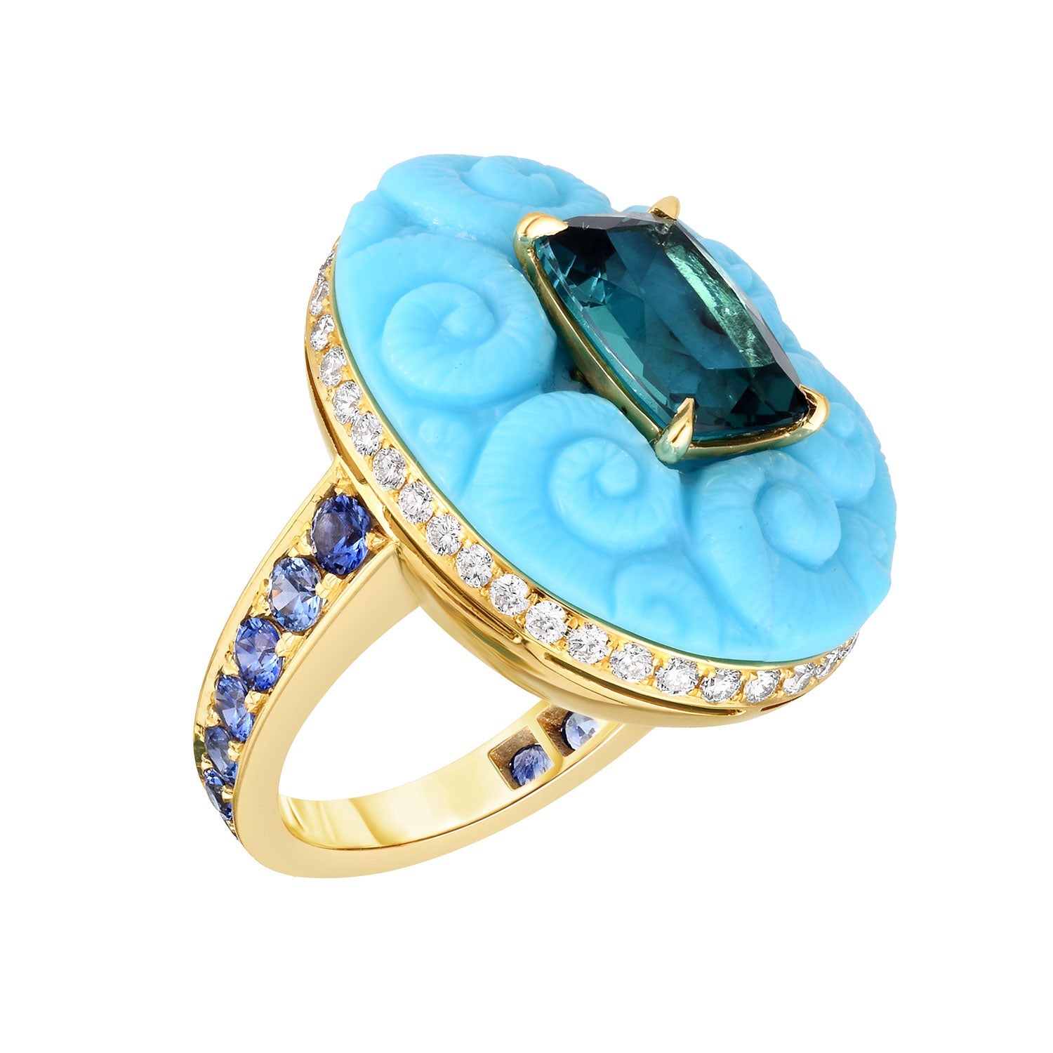 Cicada - 18k Gold Turquoise Tourmaline Diamond Sapphire Ring