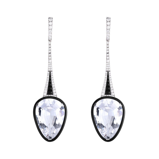 Cicada - Platinum Rock Crystal Diamond Onyx Drop Earrings