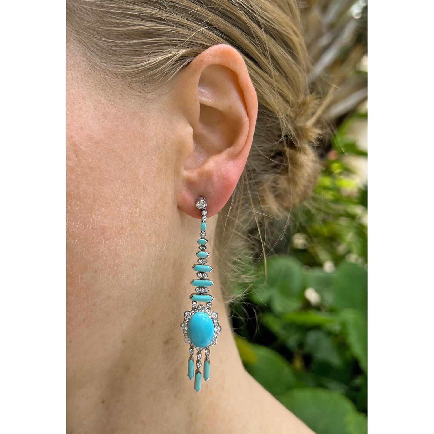 Cicada - Platinum Turquoise Diamond Chandelier Earrings