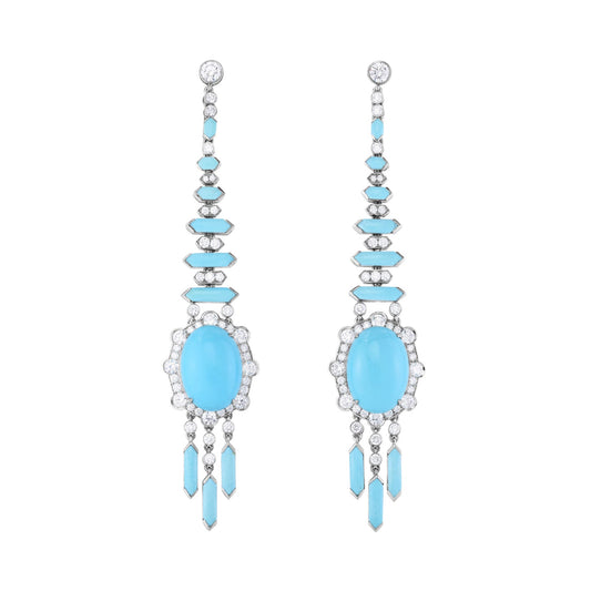 Cicada - Platinum Turquoise Diamond Chandelier Earrings