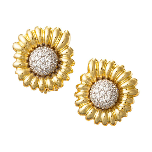 David Webb - 18k Gold Platinum Pavé Diamond Flower Earrings
