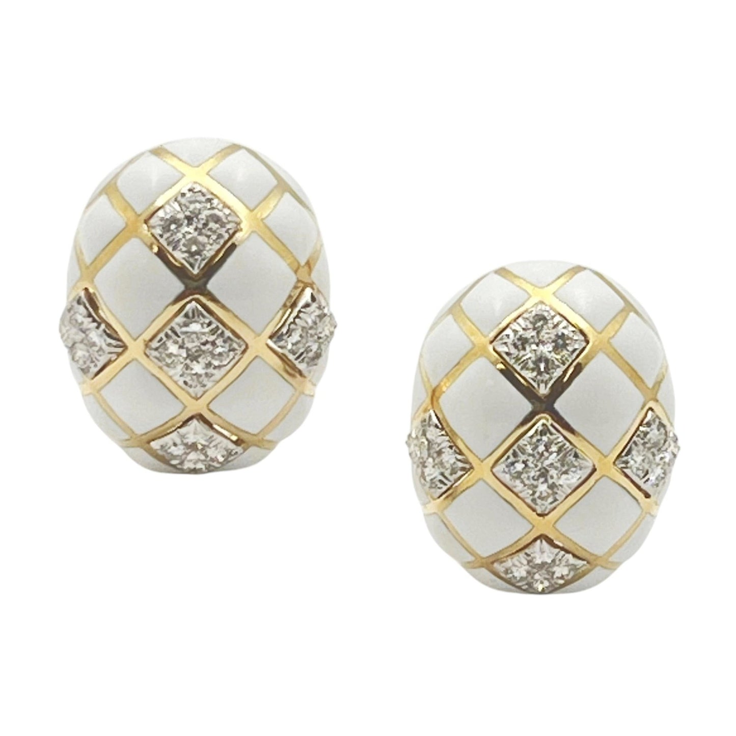 David Webb - 18k Gold Platinum White Enamel Diamond Dome Earrings