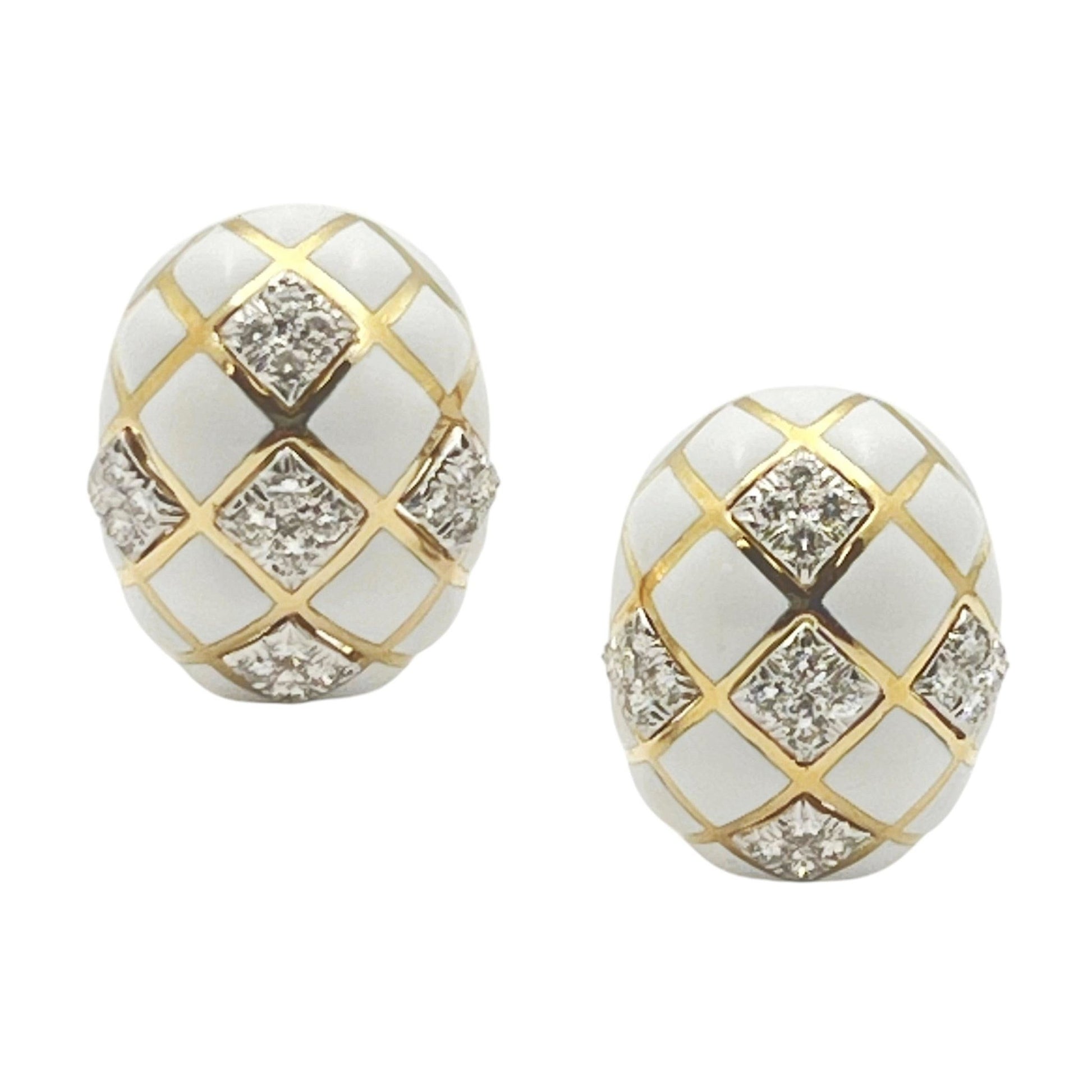 David Webb - 18k Gold Platinum White Enamel Diamond Dome Earrings