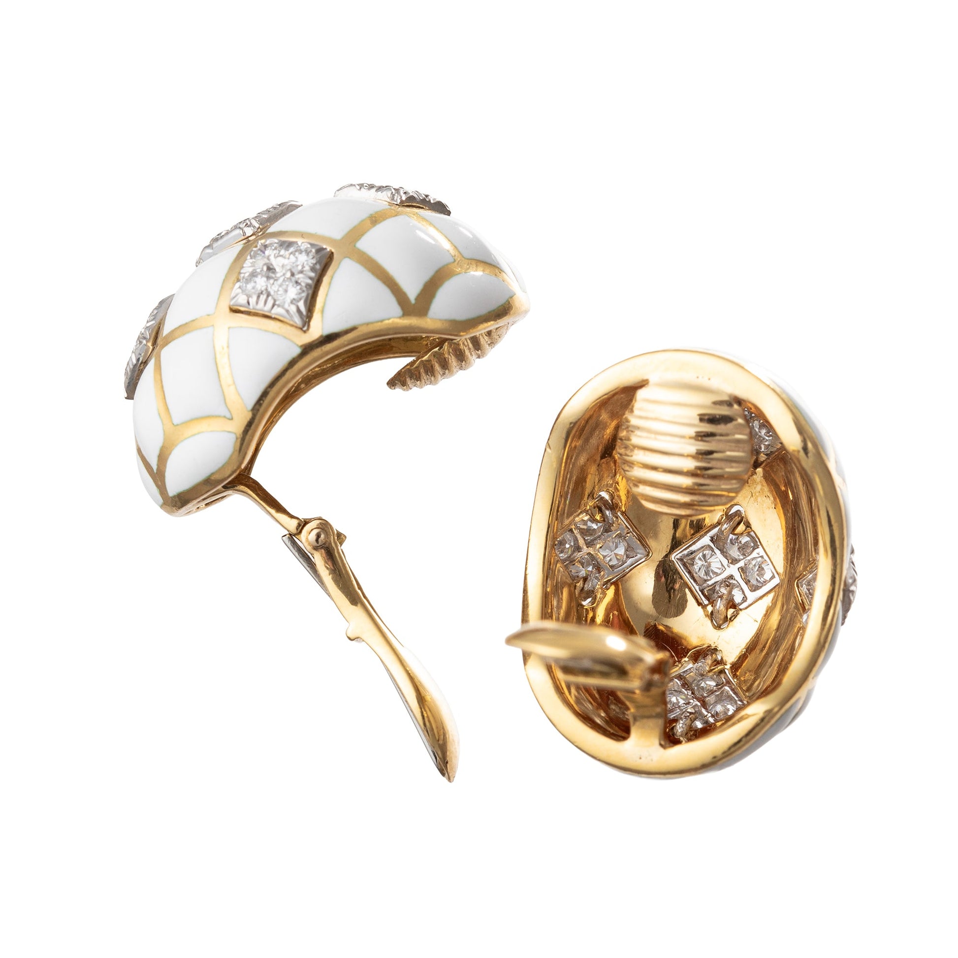 David Webb - 18k Gold Platinum White Enamel Diamond Dome Earrings