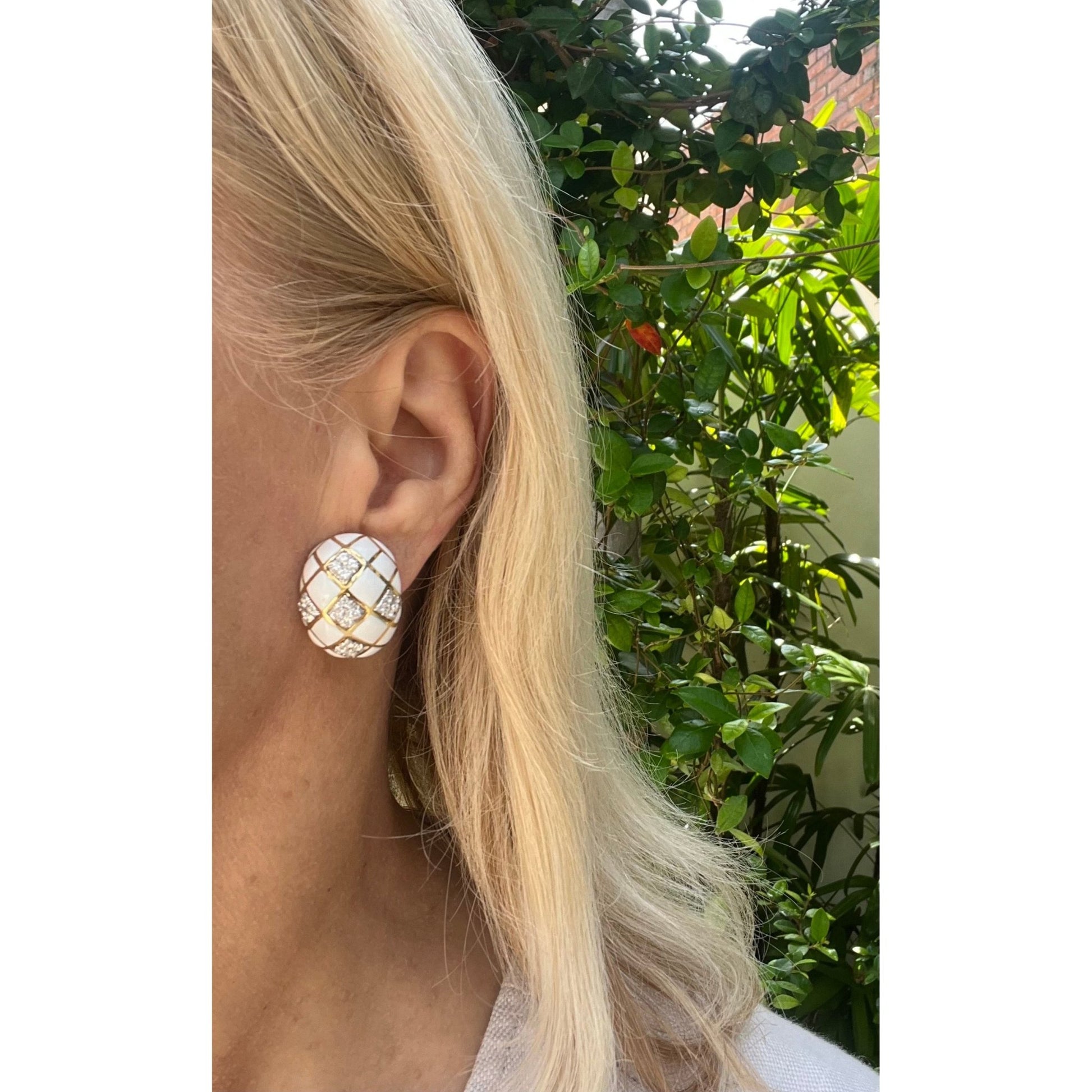 David Webb - 18k Gold Platinum White Enamel Diamond Dome Earrings
