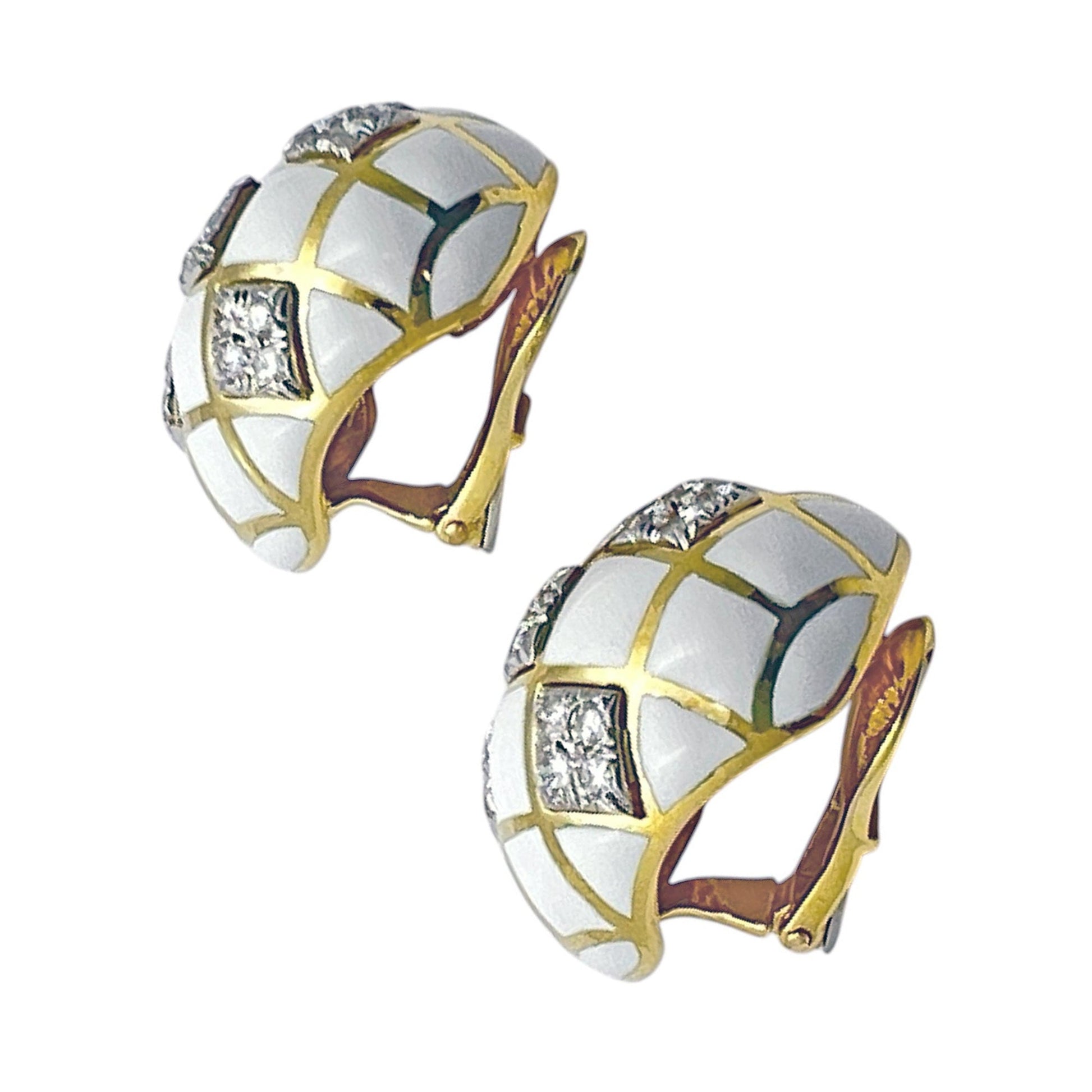 David Webb - 18k Gold Platinum White Enamel Diamond Dome Earrings