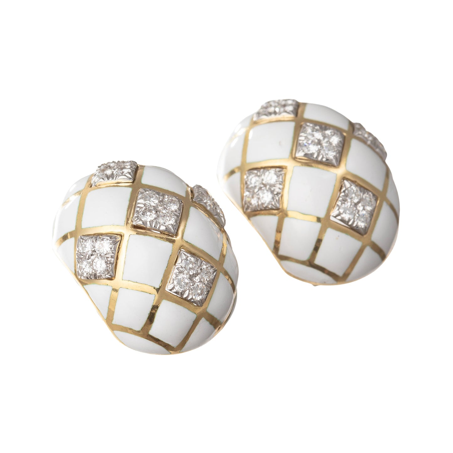 David Webb - 18k Gold Platinum White Enamel Diamond Dome Earrings