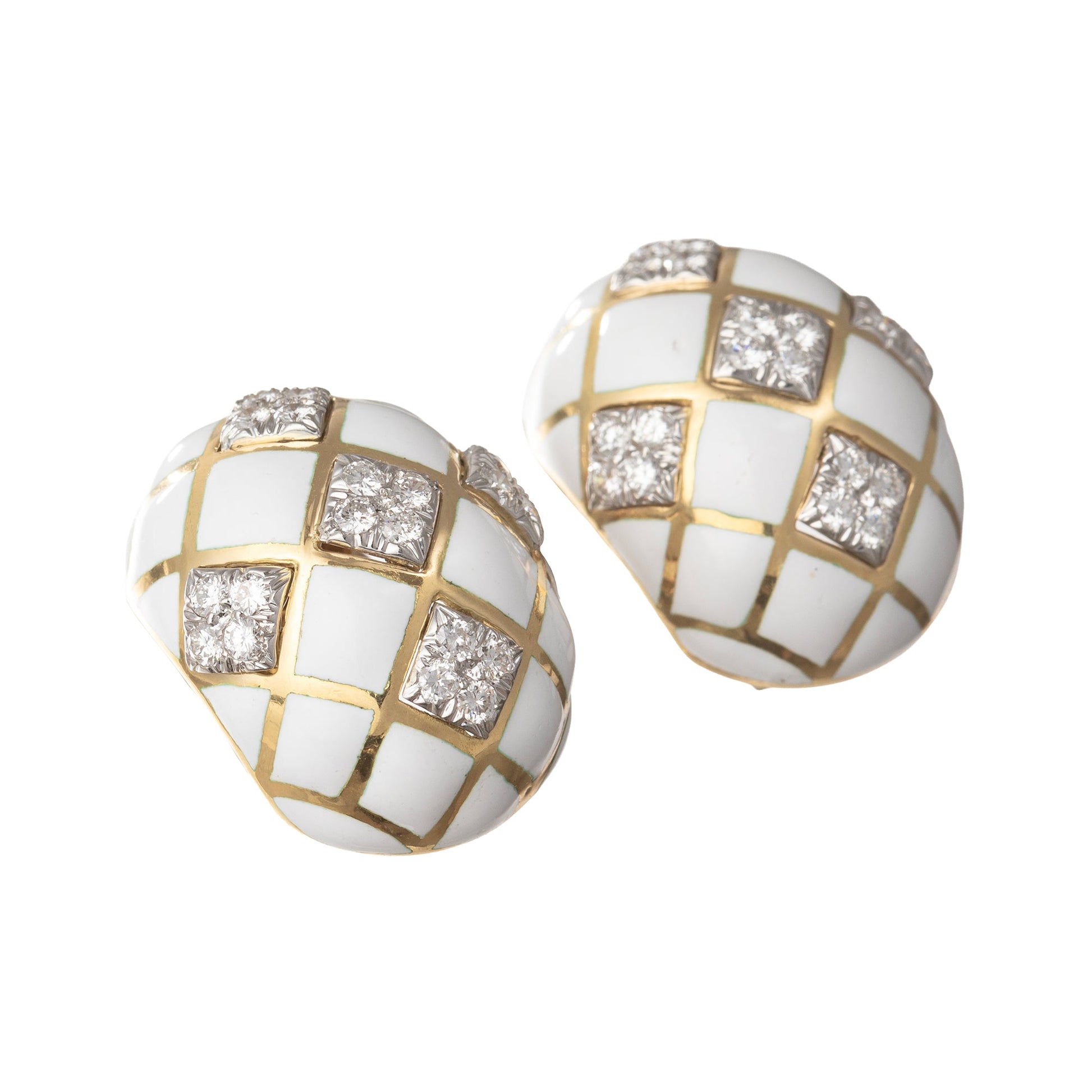 David Webb - 18k Gold Platinum White Enamel Diamond Dome Earrings