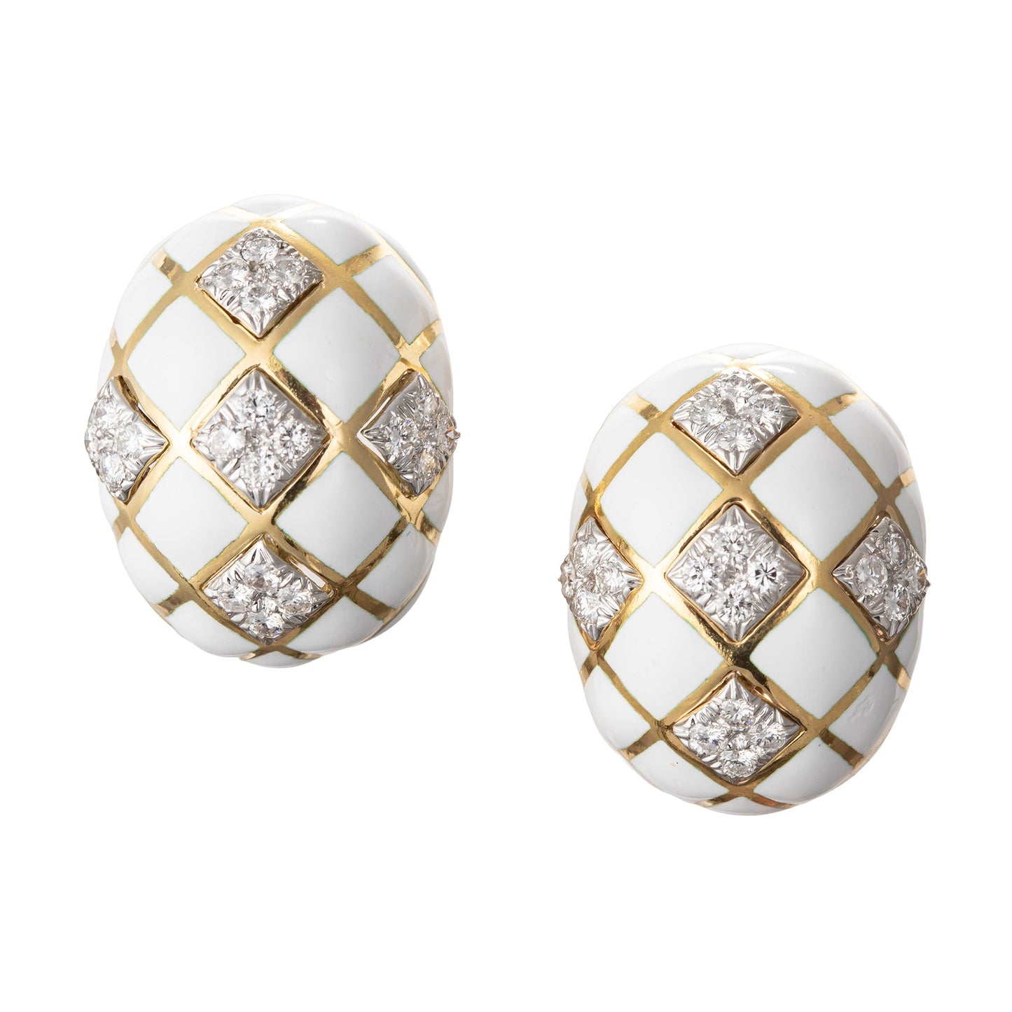 David Webb - 18k Gold Platinum White Enamel Diamond Dome Earrings