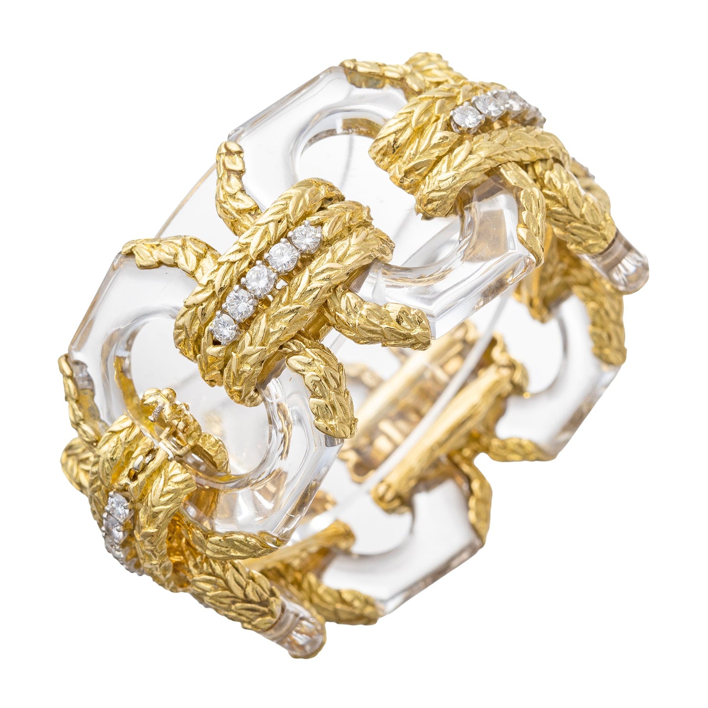 David Webb - 18k Gold Rock Crystal Diamond Link Bracelet