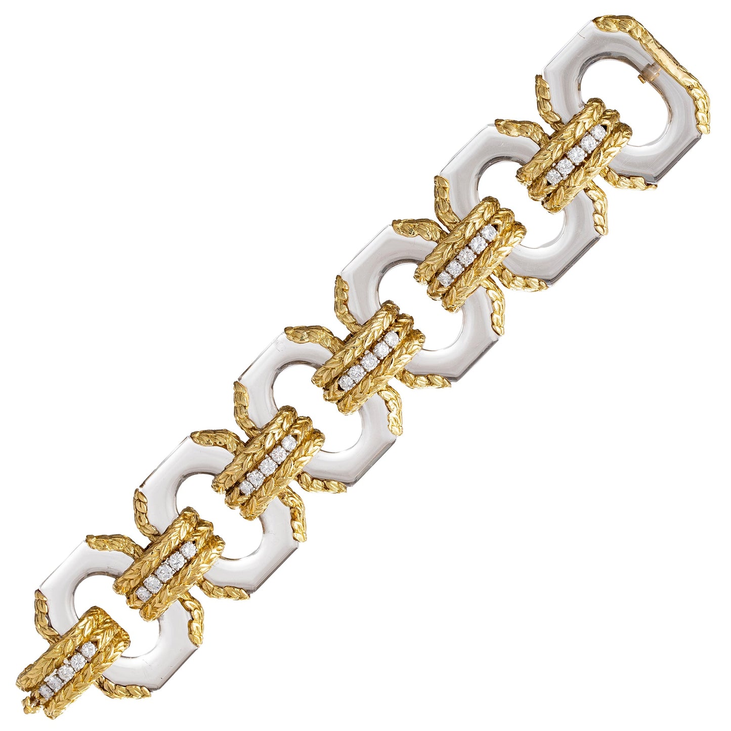 David Webb - 18k Gold Rock Crystal Diamond Link Bracelet