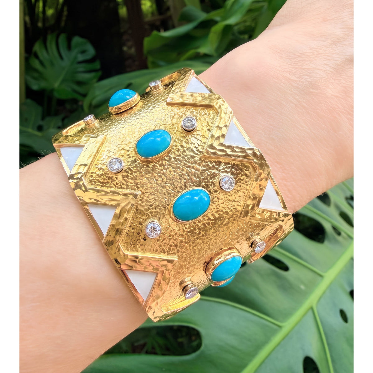 David Webb - 18k Gold Turquoise Diamond Enamel Rickrack Cuff Bracelet
