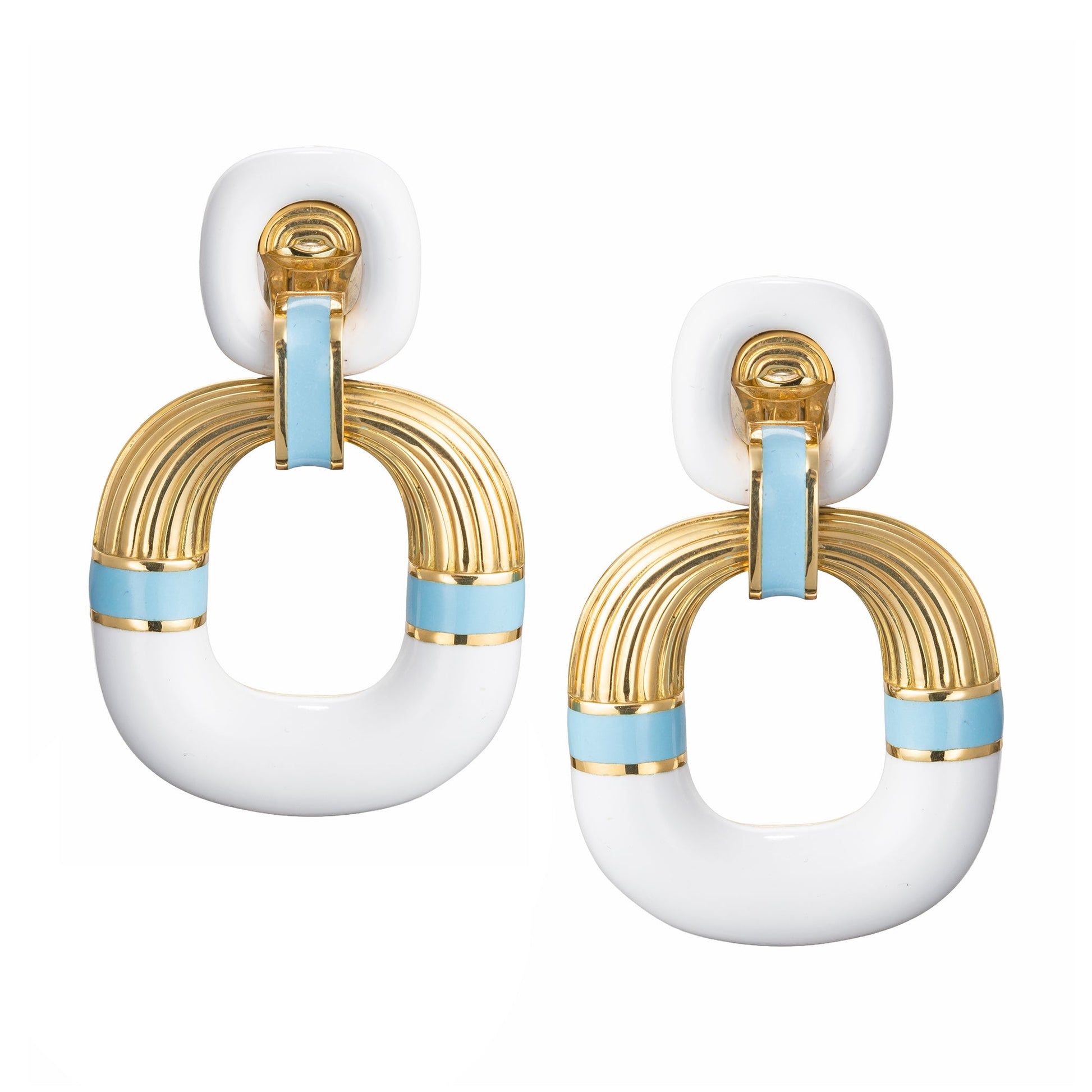 David Webb - 18k Gold White & Turquoise Enamel Radiator Hoop Earrings