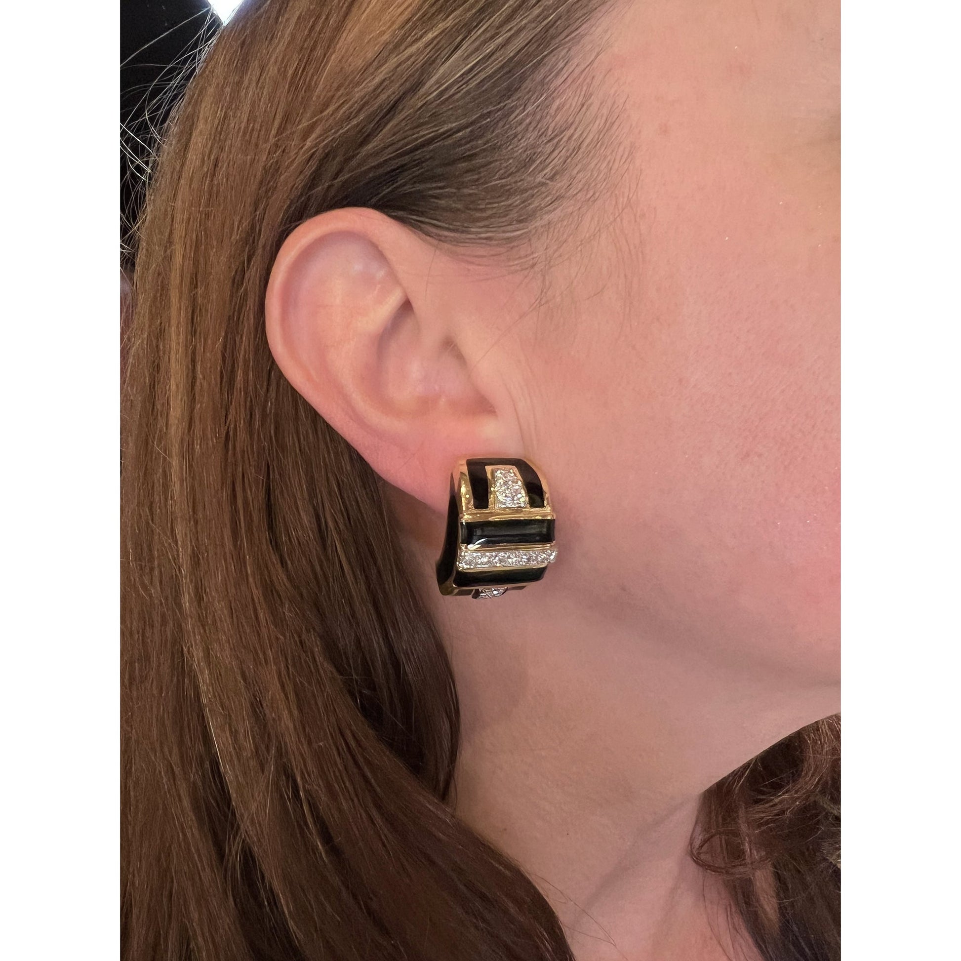 David Webb - 18k Yellow Gold Black Enamel Diamond Earrings