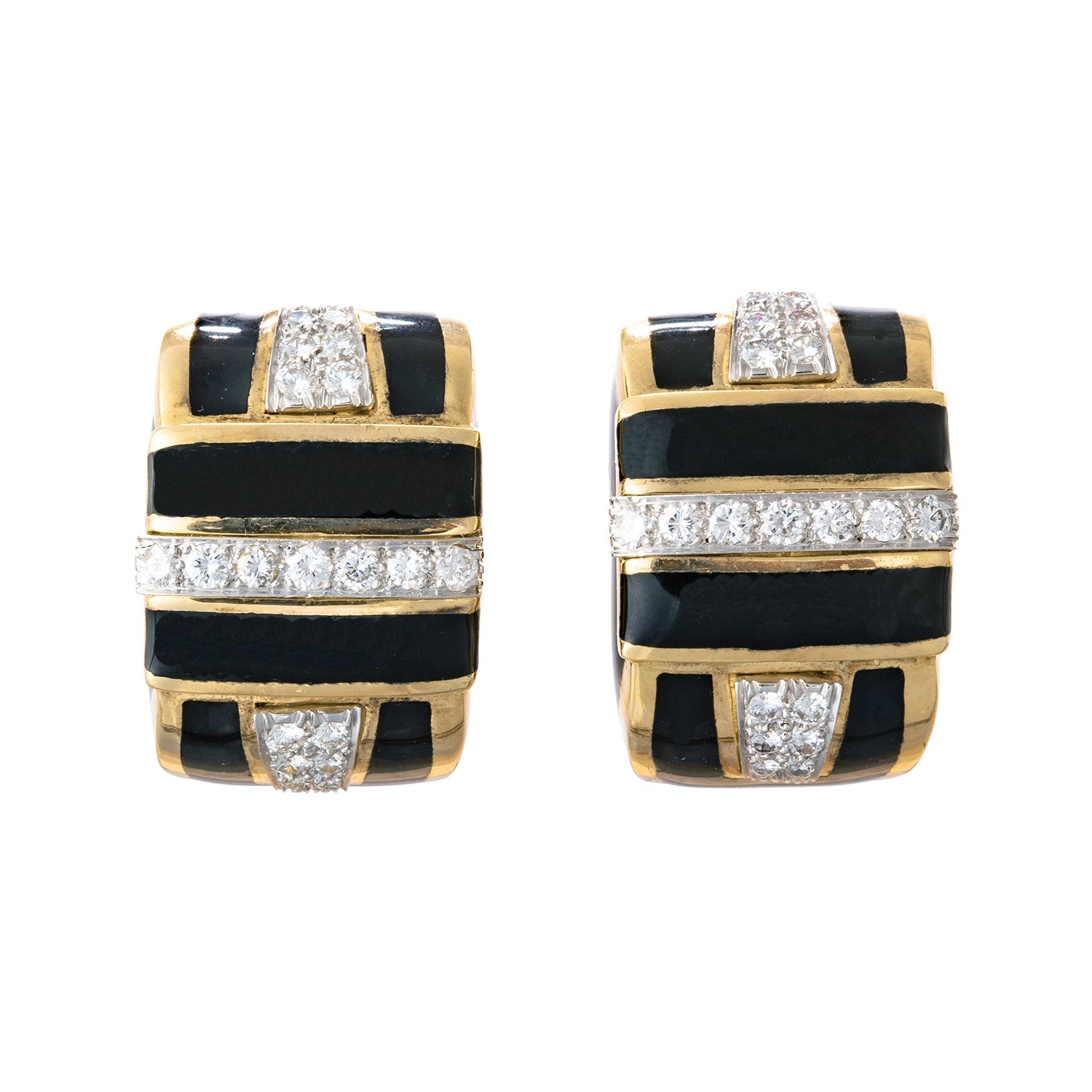 David Webb - 18k Yellow Gold Black Enamel Diamond Earrings