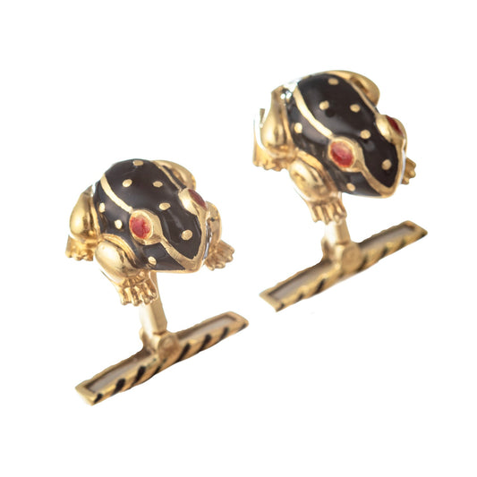 David Webb - 18k Yellow Gold Black Enamel Frog Cufflinks