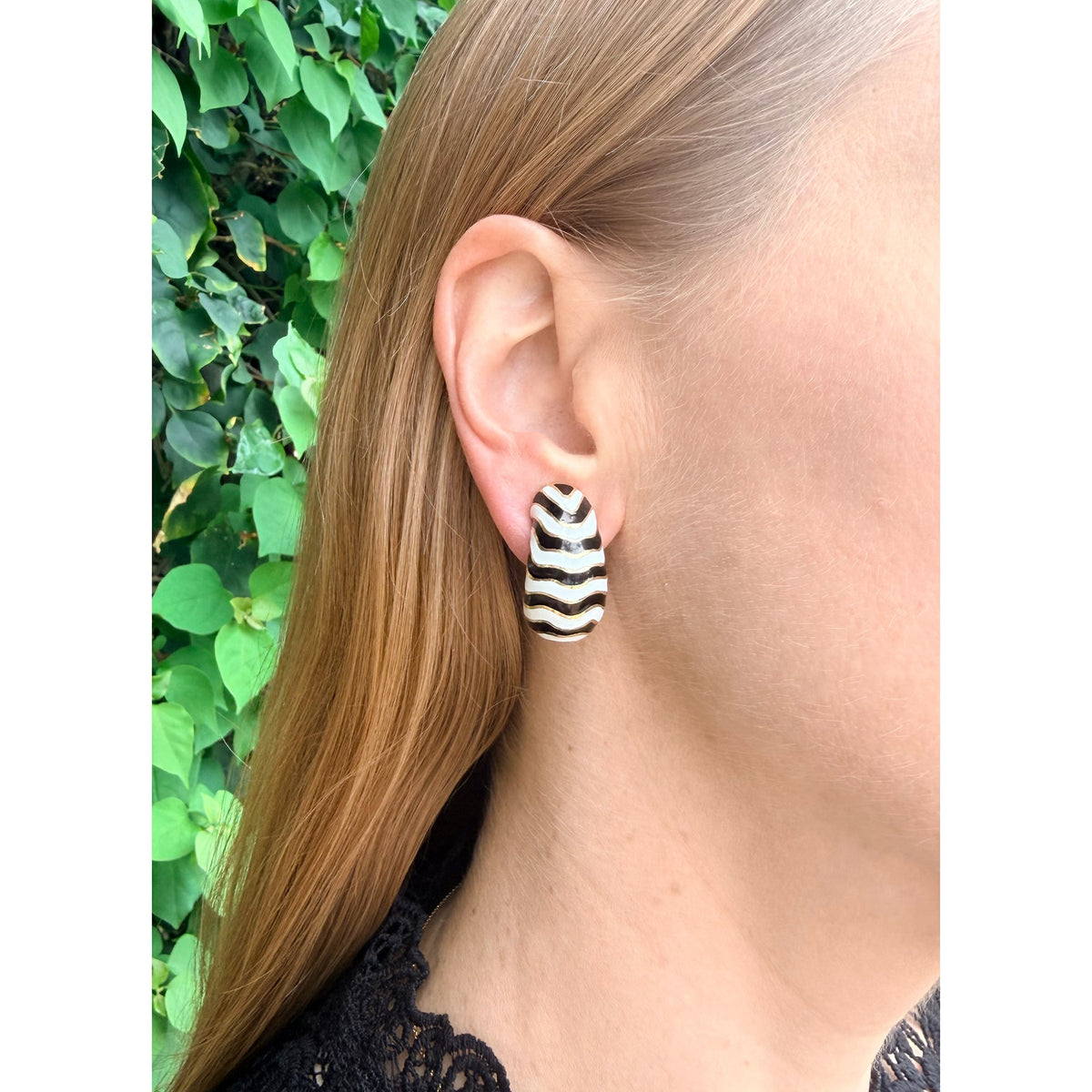 David Webb - 18k Yellow Gold Enamel Zebra Earrings