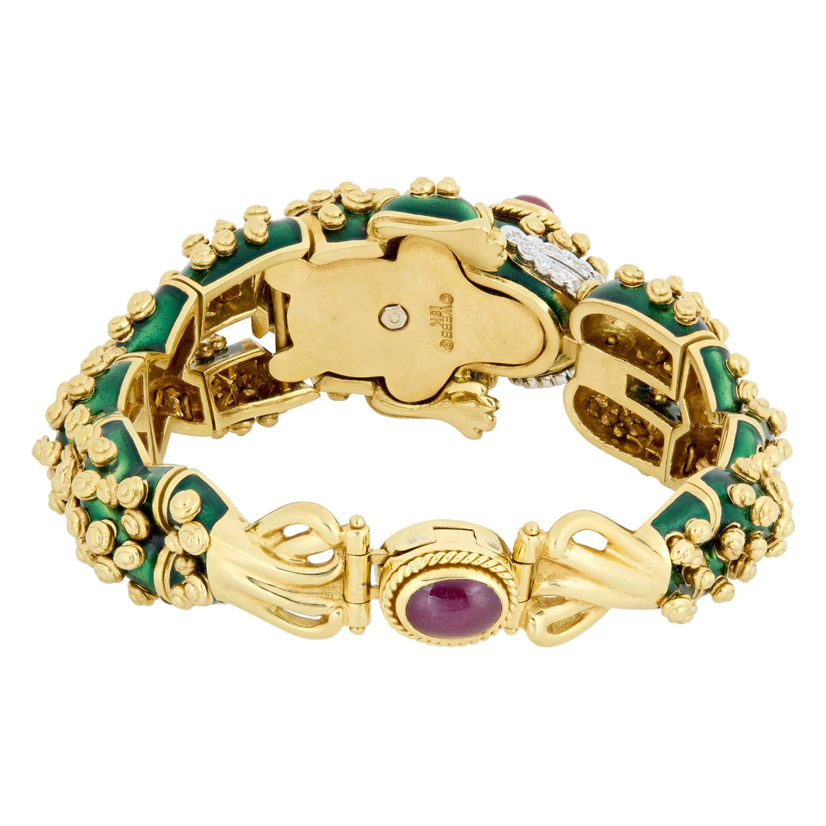 David Webb - 18k Yellow Gold Green Enamel Ruby Diamond Frog Bracelet