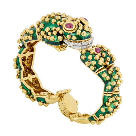David Webb - 18k Yellow Gold Green Enamel Ruby Diamond Frog Bracelet