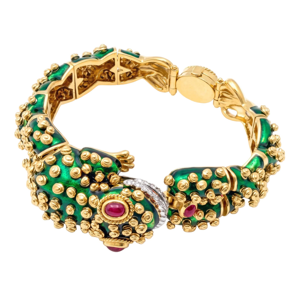 David Webb - 18k Yellow Gold Green Enamel Ruby Diamond Frog Bracelet