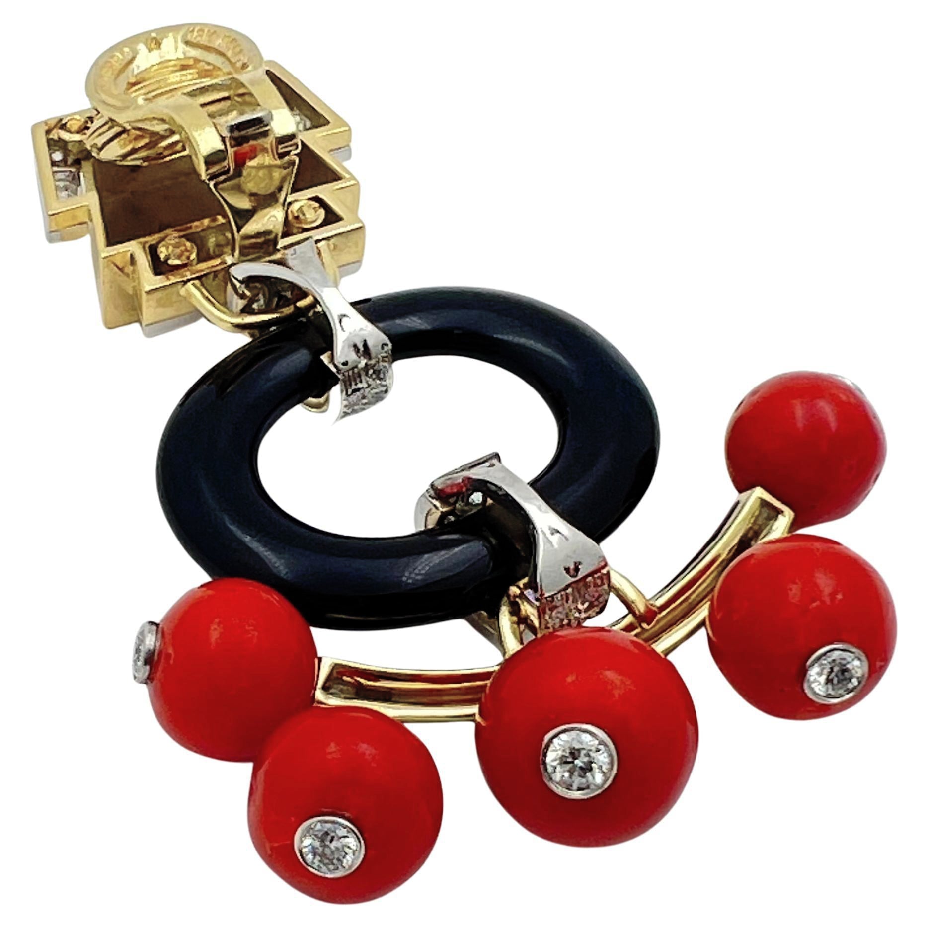 David Webb - Black Onyx Coral Diamond Pagoda Chandelier Earrings