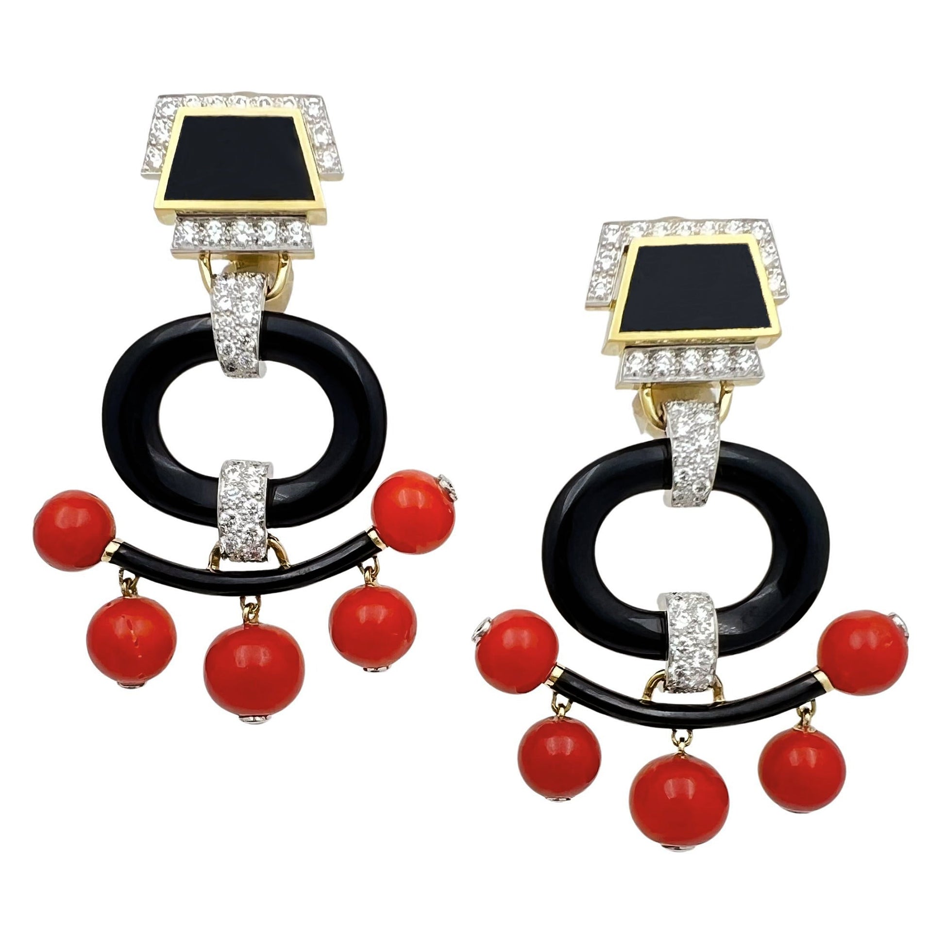 David Webb - Black Onyx Coral Diamond Pagoda Chandelier Earrings