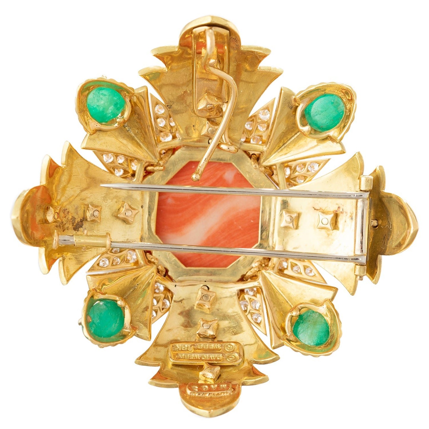 David Webb - Coral Emerald Sapphire Diamond Pendant Brooch